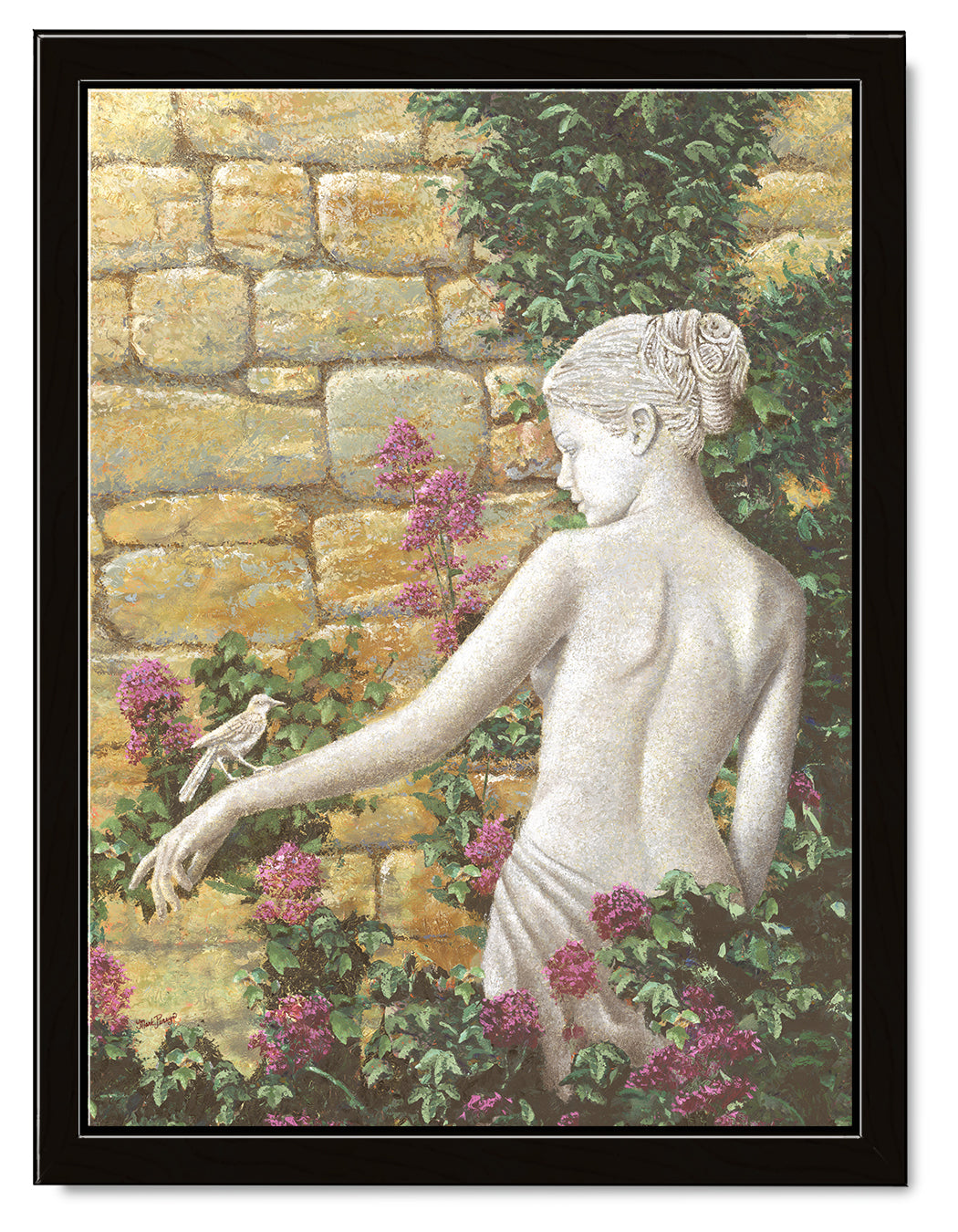 Impressionist oil painting of a beautiful woman statue with a bird resting on her hand in an idyllic garden. Framed in a black wood floating frame.