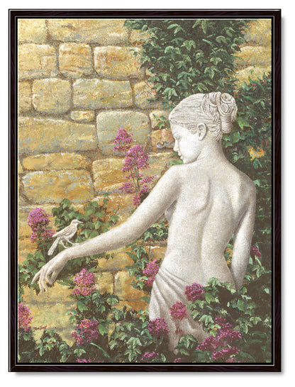 Impressionist oil painting of a beautiful woman statue with a bird resting on her hand in an idyllic garden. Framed in a black wood floating frame.