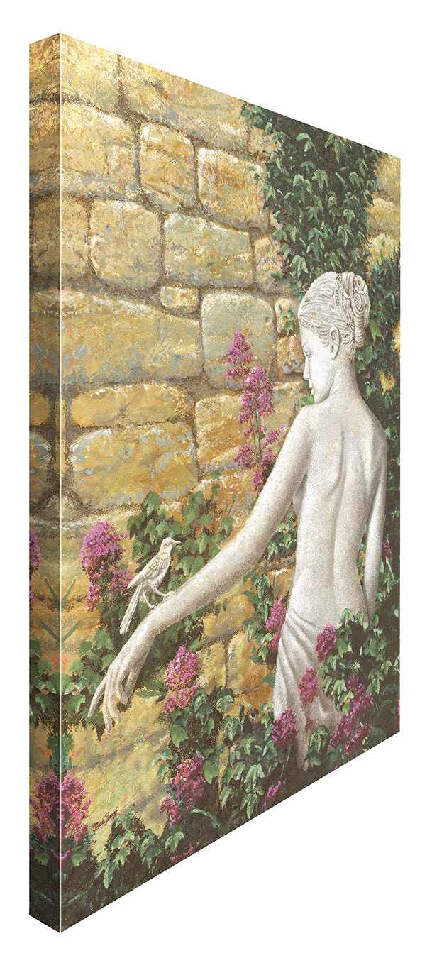 Side view of an impressionist oil painting of a beautiful woman statue with a bird resting on her hand in an idyllic garden. 