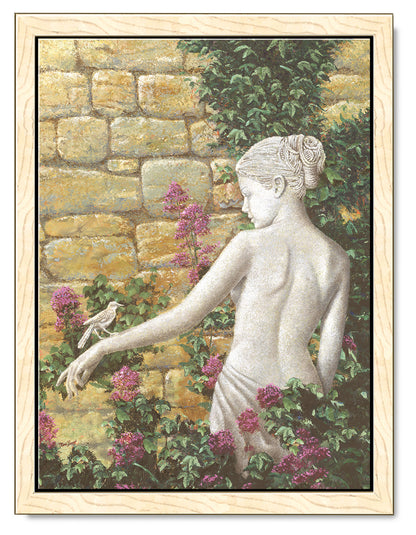 Impressionist oil painting of a beautiful woman statue with a bird resting on her hand in an idyllic garden. Framed in a light wood floating frame.