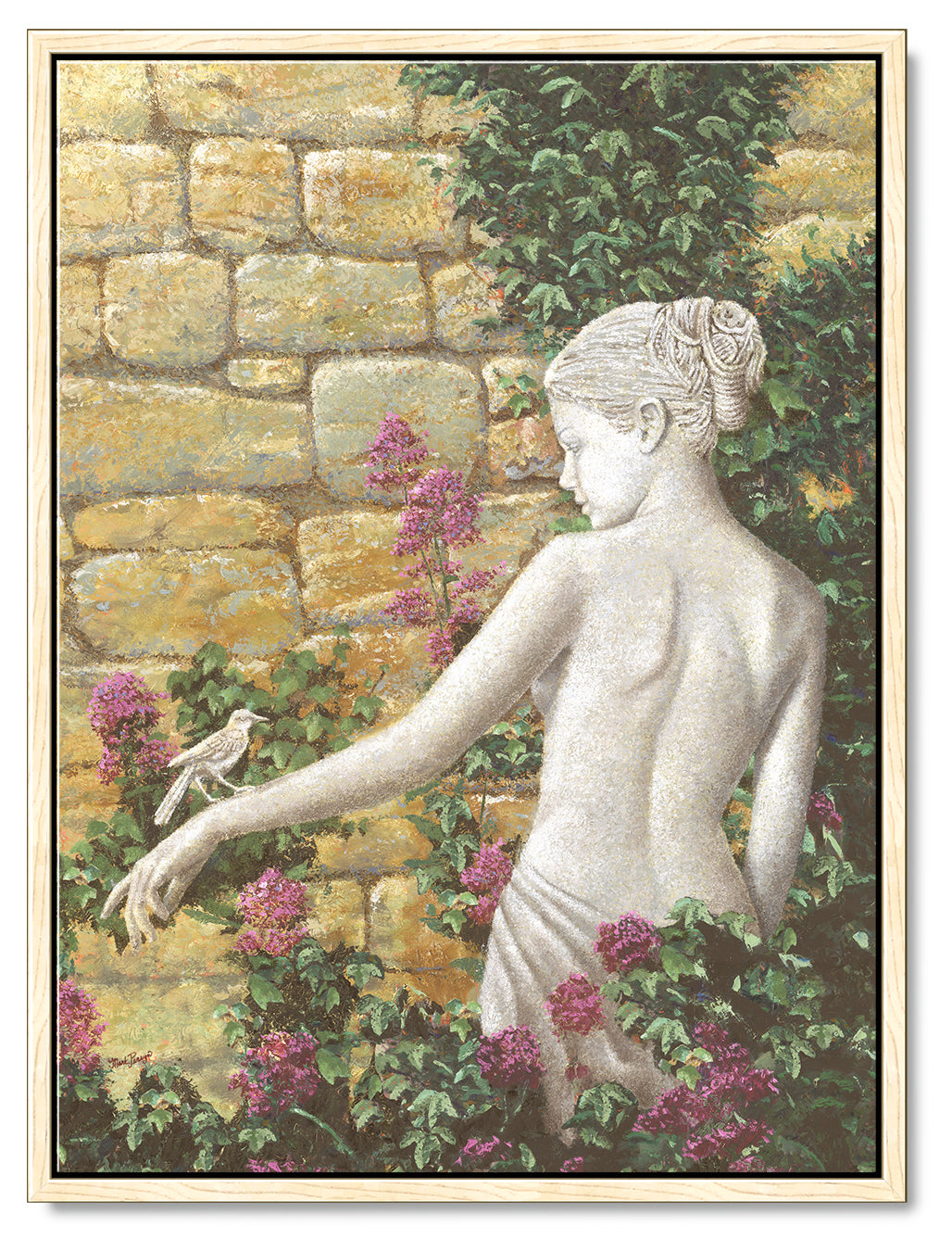 Impressionist oil painting of a beautiful woman statue with a bird resting on her hand in an idyllic garden. Framed in alight wood floating frame.