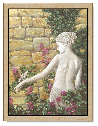 Impressionist oil painting of a beautiful woman statue with a bird resting on her hand in an idyllic garden. Framed in a medium wood floating frame.