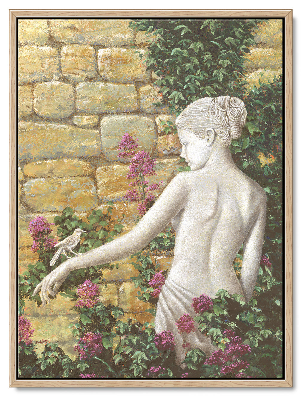 Impressionist oil painting of a beautiful woman statue with a bird resting on her hand in an idyllic garden. Framed in a medium wood floating frame.