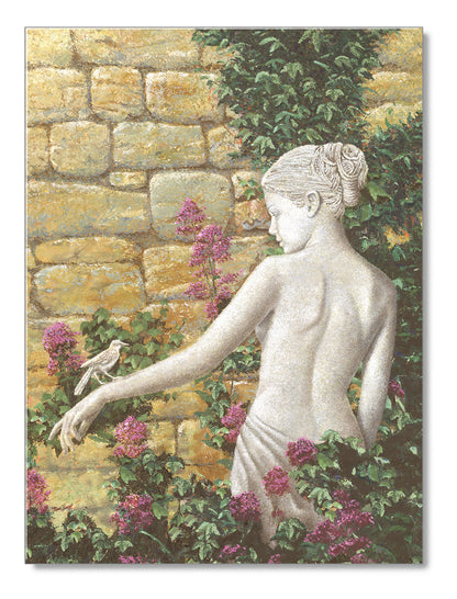 Impressionist oil painting of a beautiful woman statue with a bird resting on her hand in an idyllic garden. 