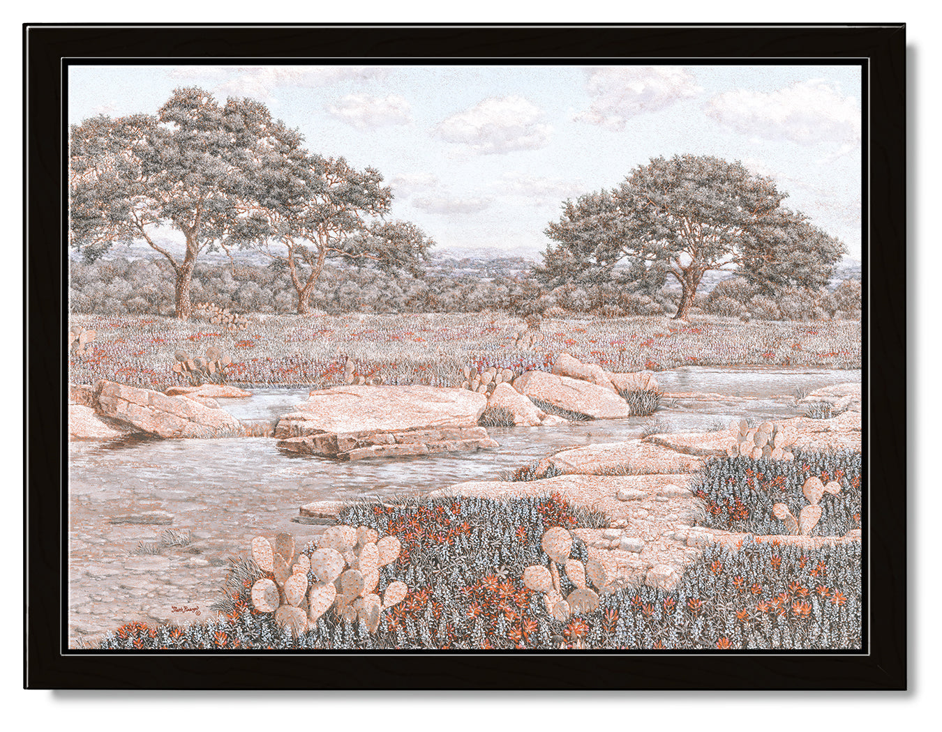 Impressionist oil painting of a calm stream in the Texas hill country. Framed in a black wood frame.