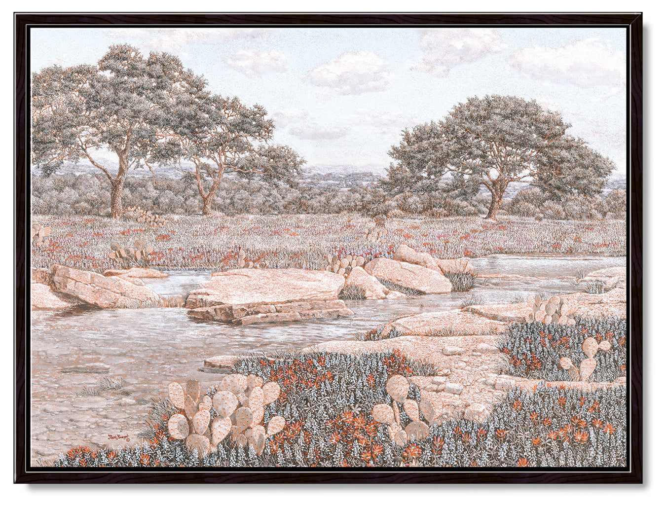 Impressionist oil painting of a calm stream in the Texas hill country. Framed in a black wood frame.