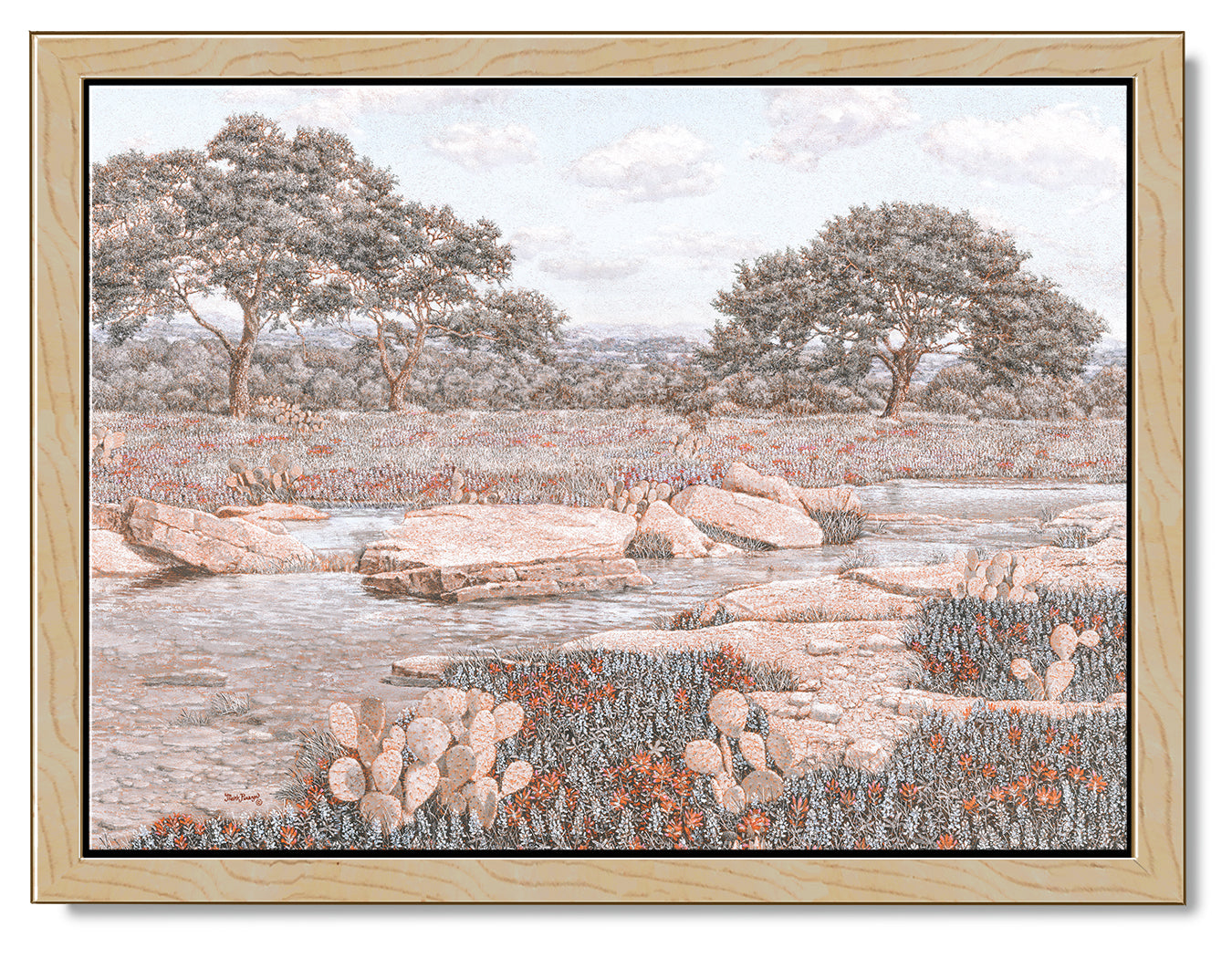 Impressionist oil painting of a calm stream in the Texas hill country. Framed in a medium wood frame.