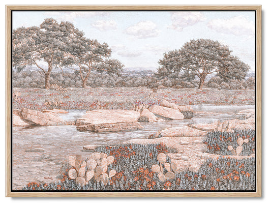 Impressionist oil painting of a calm stream in the Texas hill country. Framed in a medium wood frame.