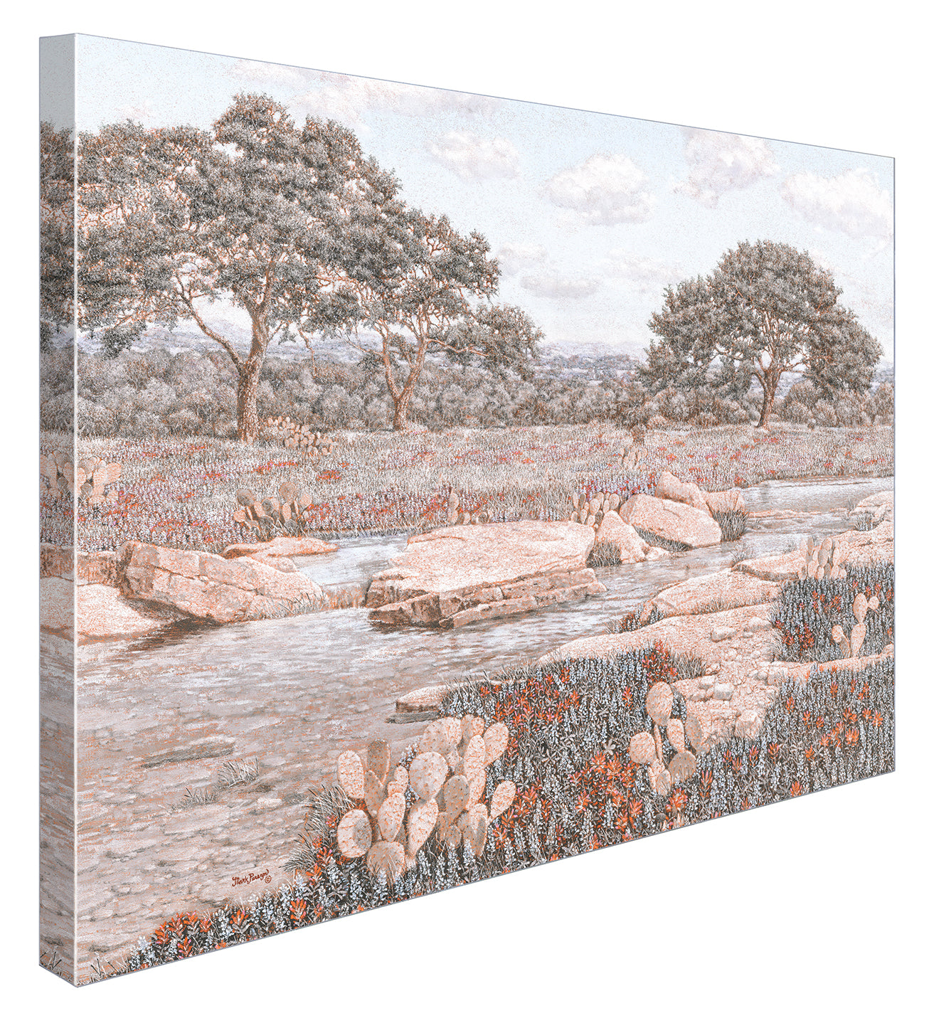 Side view of an impressionist oil painting of a calm stream in the Texas hill country. 